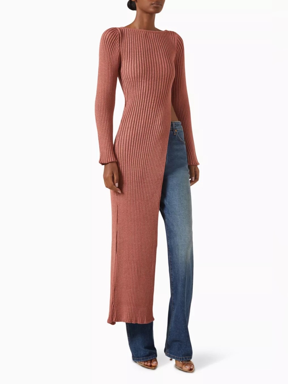 BAOBAB NWT Masaki Top in Ribbed Knit Side Asymmetrical Cut Longline Aperol